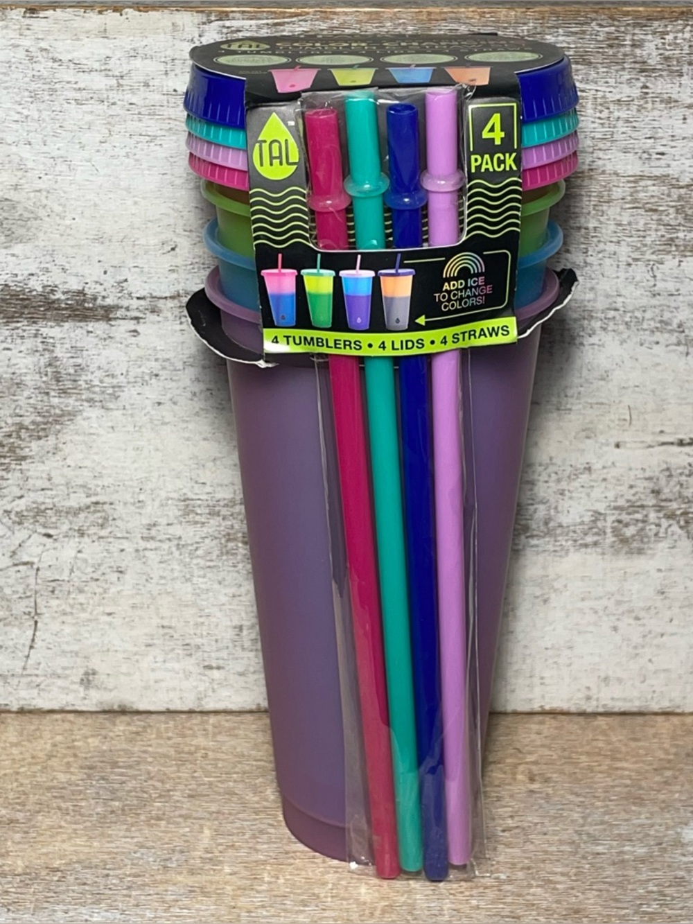 Set 4 Pack Tal Color Changing Reusable SOLID Tumblers, Straws & Lids 24oz New